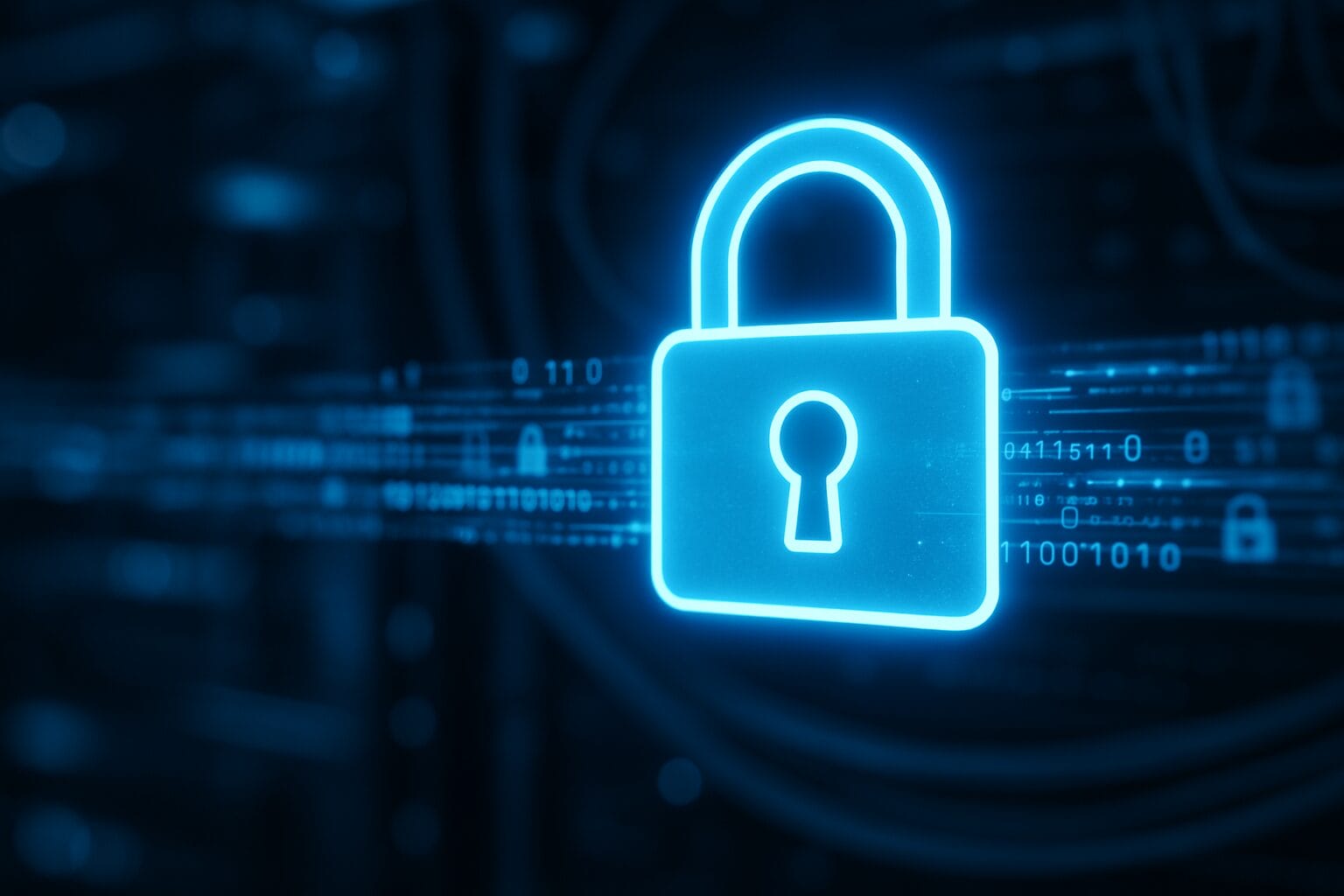 Glowing padlock with data streams representing encryption protection
