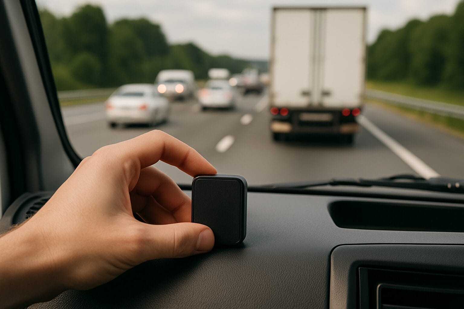 Hand installing GPS tracker on vehicle dashboard with road view ahead