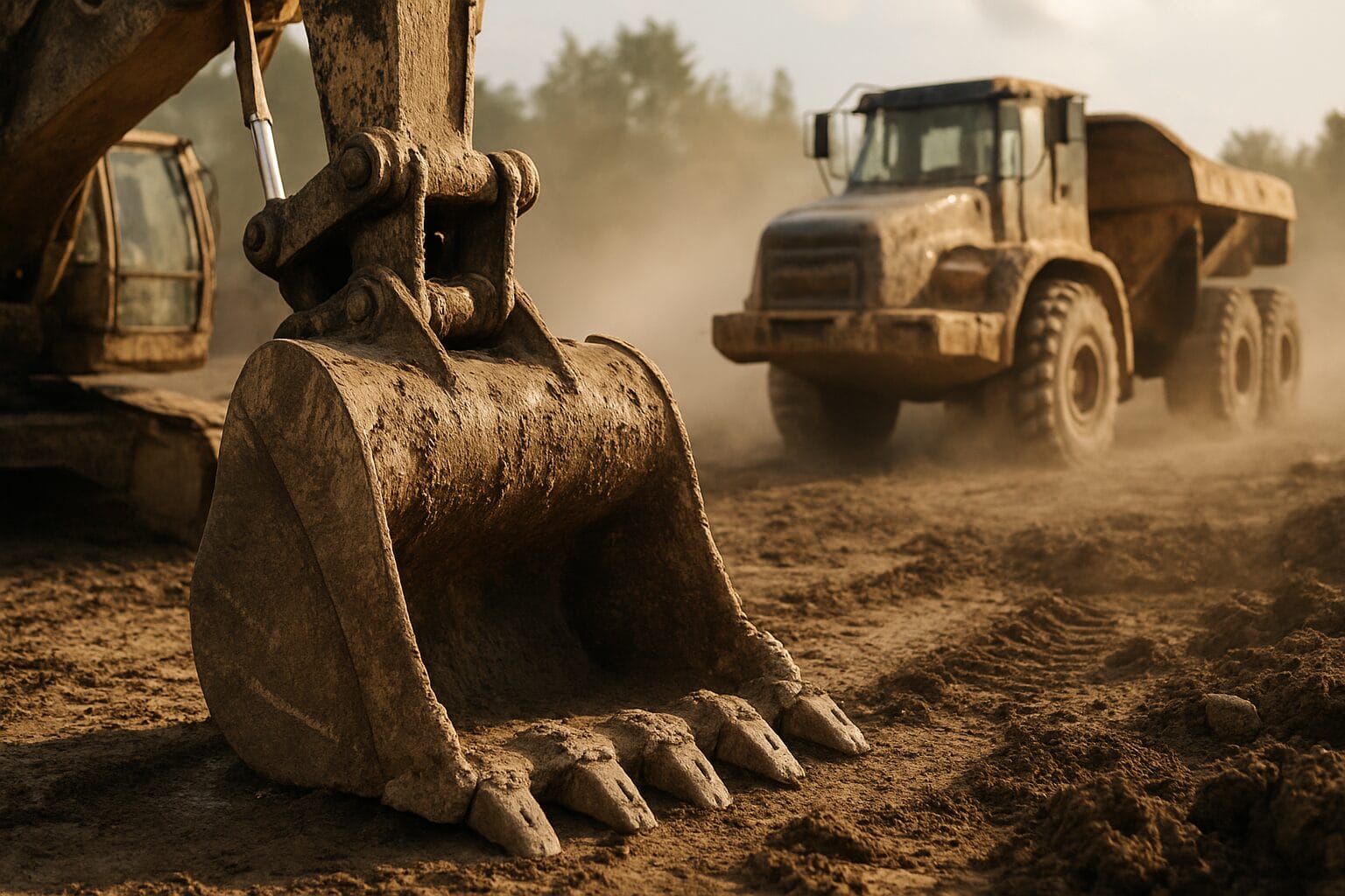 Heavy equipment covered in dust and mud on active construction site