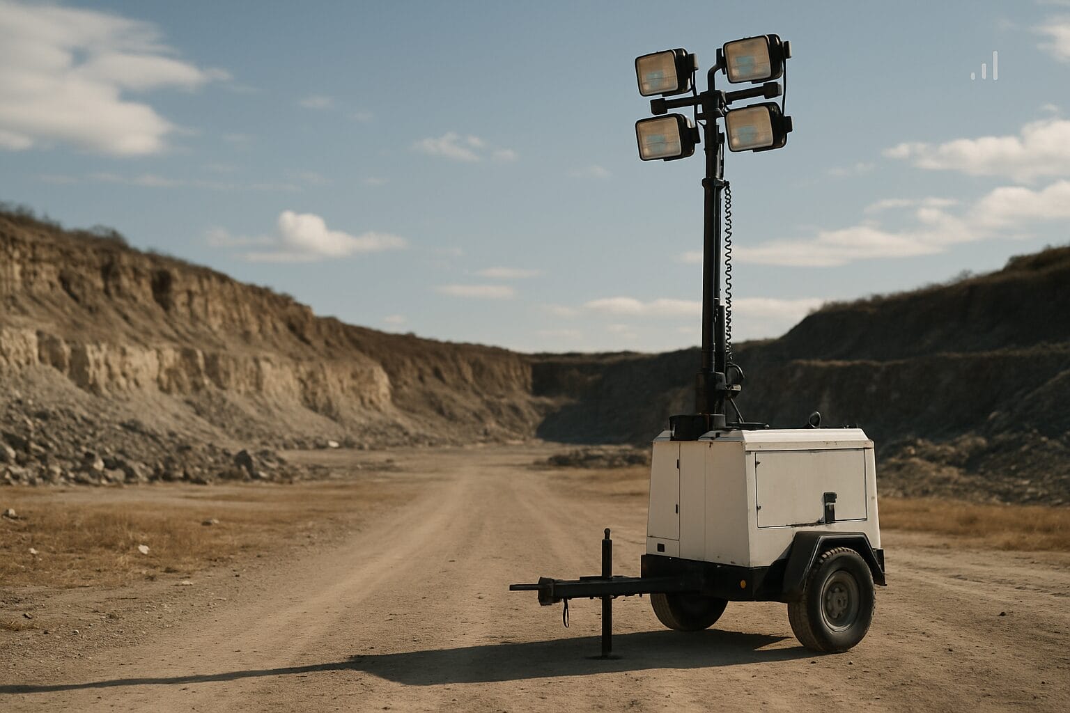 Generator and light tower at remote quarry site with no accessible power source