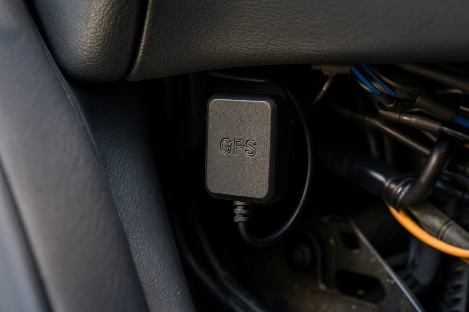 Small GPS tracker device mounted discreetly inside a car interior
