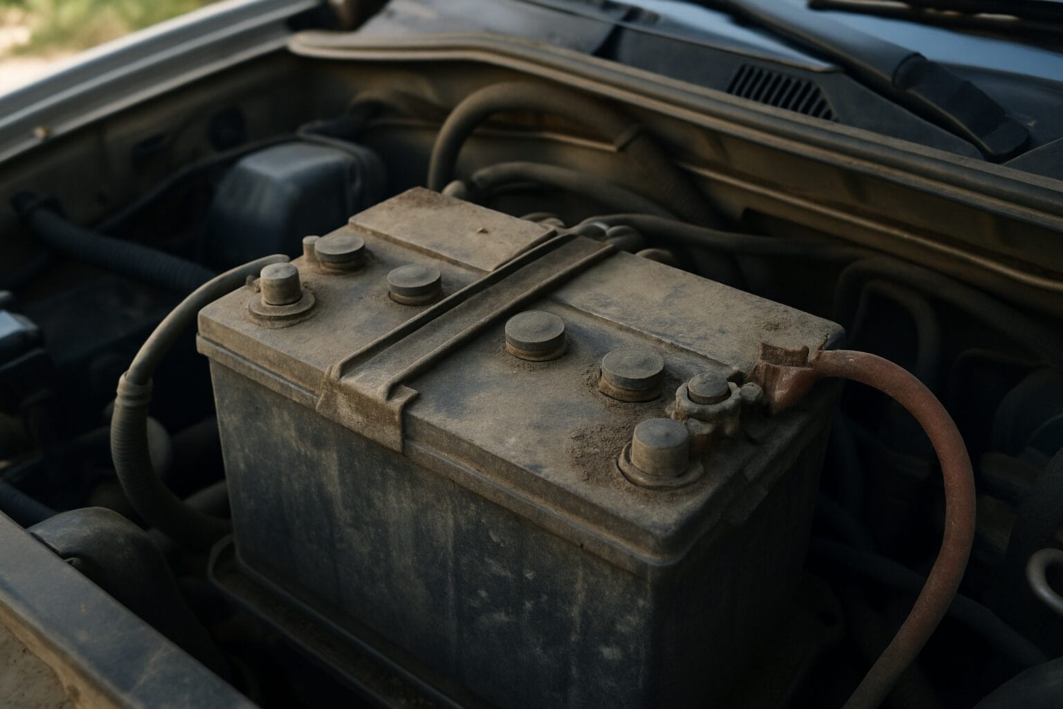 Car battery in engine compartment showing power source for tracking devices