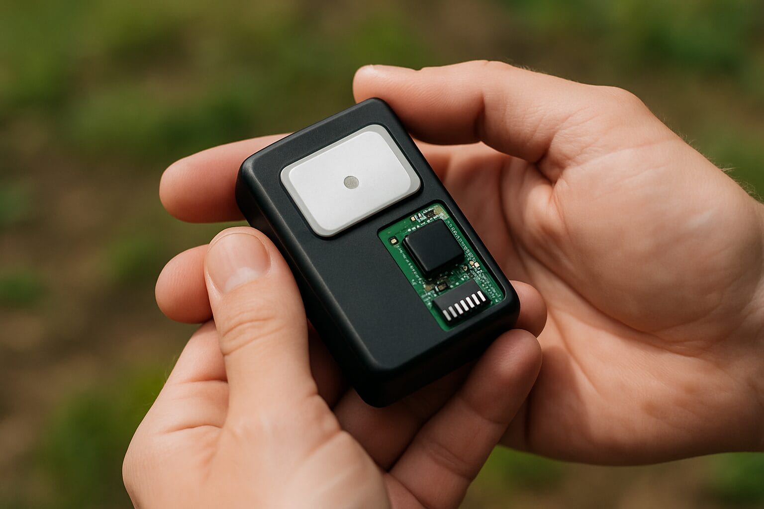 Hands holding a compact GPS tracking device outdoors