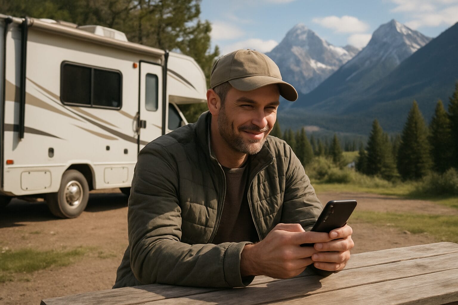 RV owner checking smartphone at campsite with mountain view