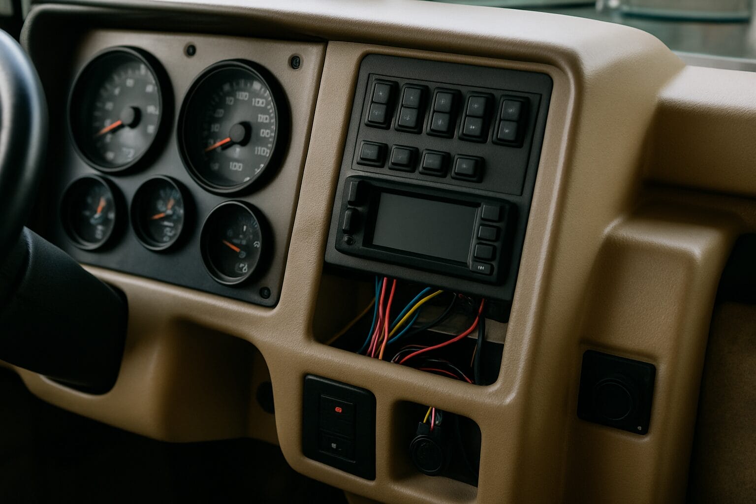 RV dashboard interior with gauges and wiring visible