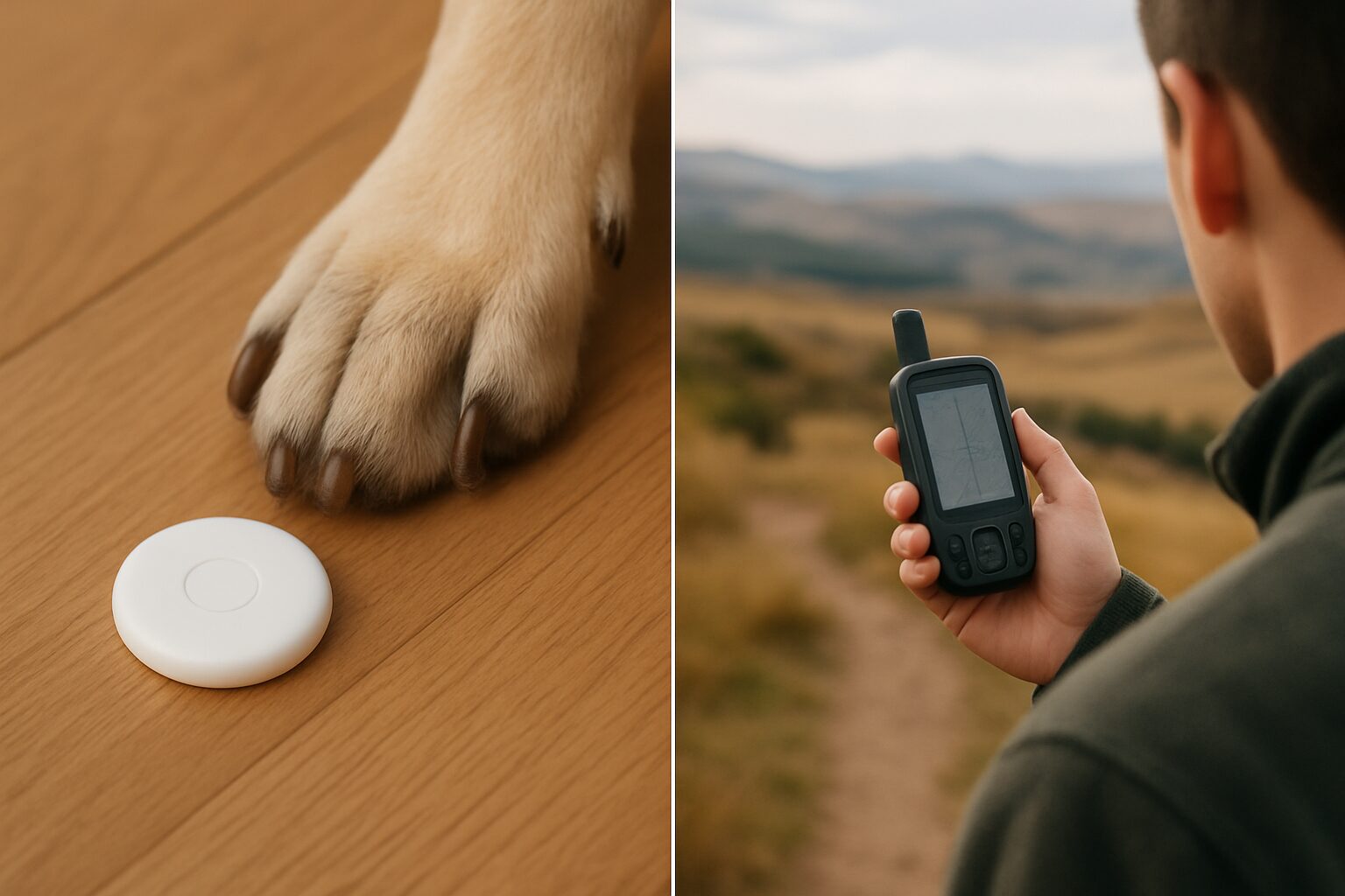Comparison of small Bluetooth tag and handheld GPS tracker device with outdoor landscape