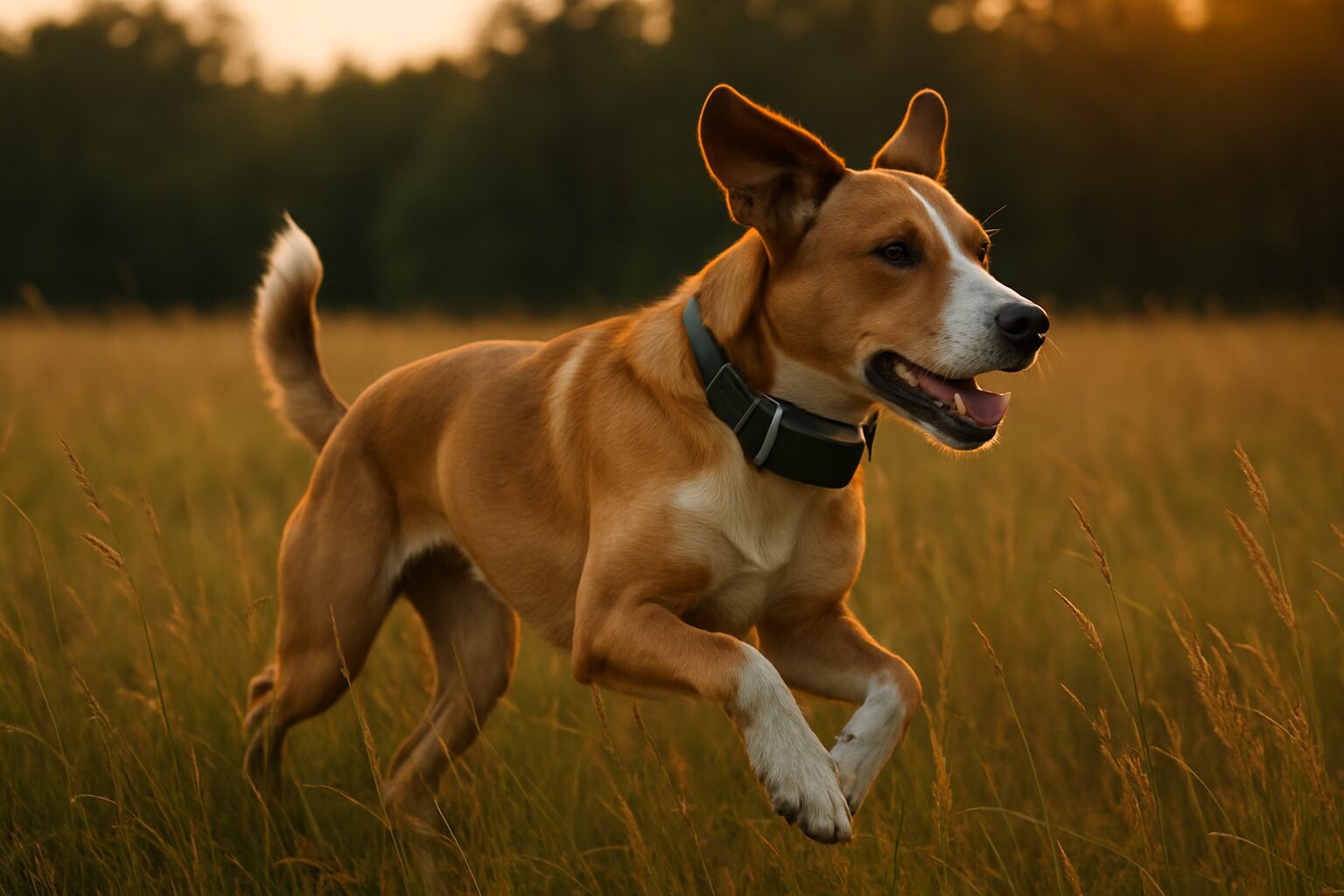 Dog running through open field wearing GPS tracker collar at sunset