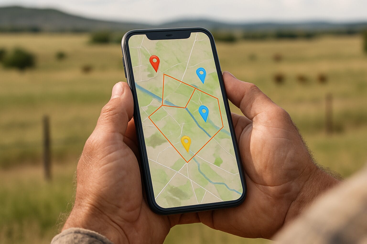 Smartphone map display showing cattle location markers and geofence boundaries on rangeland.