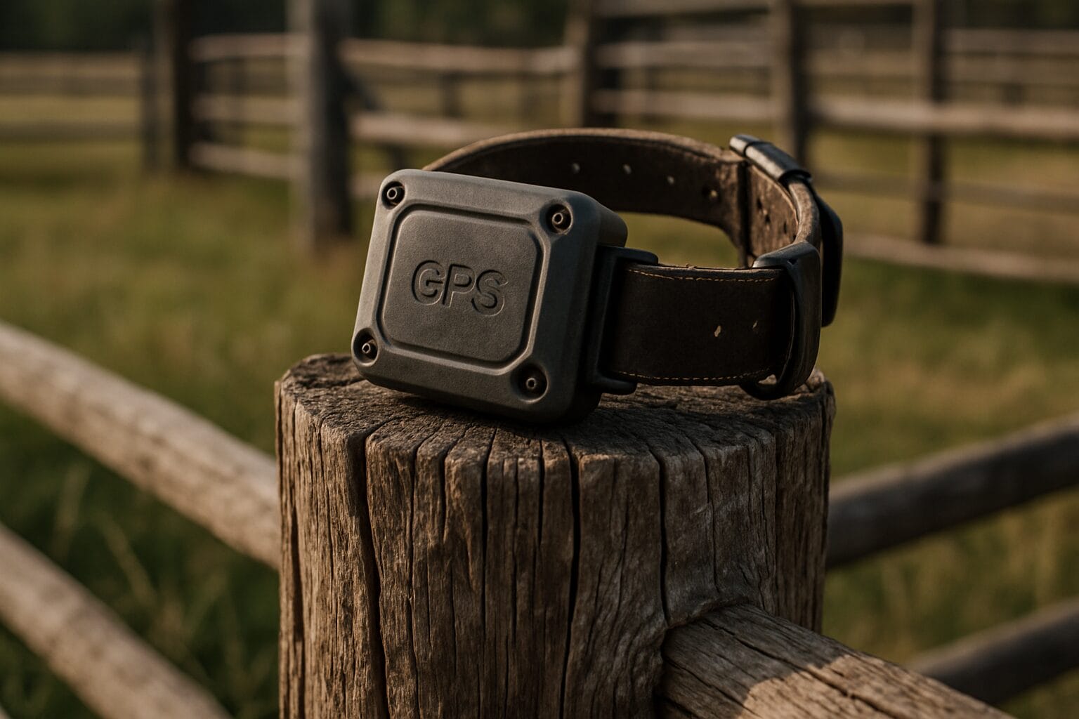 Durable GPS tracking collar displayed on weathered ranch fence post in natural outdoor setting.