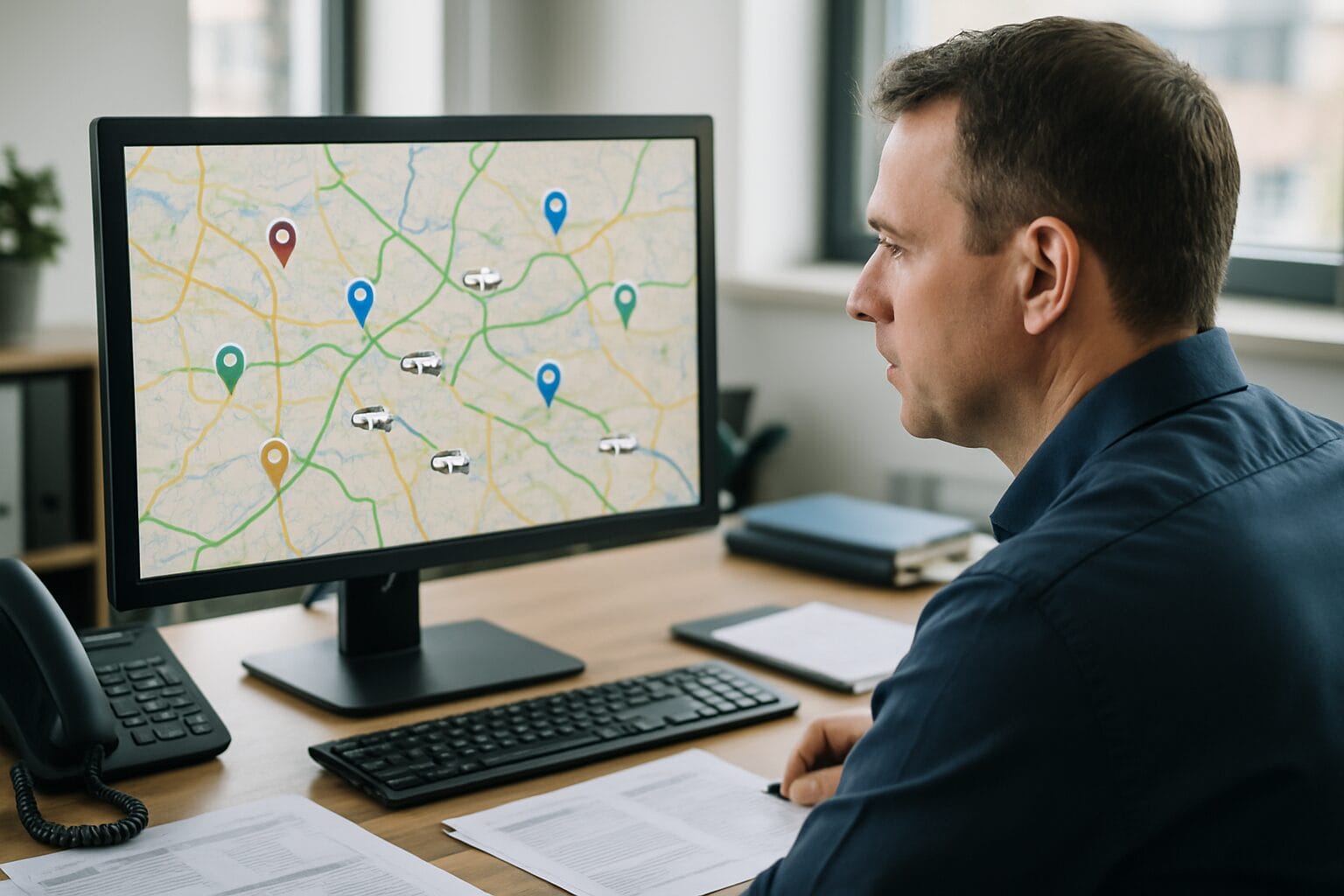 Fleet dispatcher viewing live vehicle locations on computer dashboard in modern office