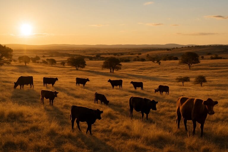 Cattle scattered across sprawling rangeland at golden hour, illustrating the vast open spaces ranchers monitor.