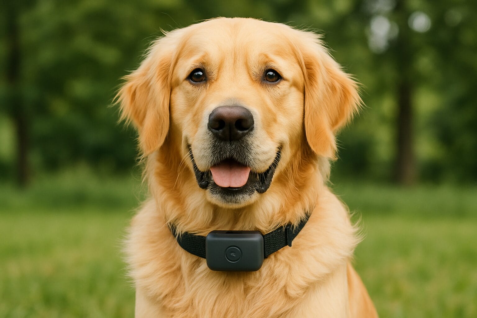 Golden retriever wearing a GPS tracker collar, sitting alert in a grassy outdoor area