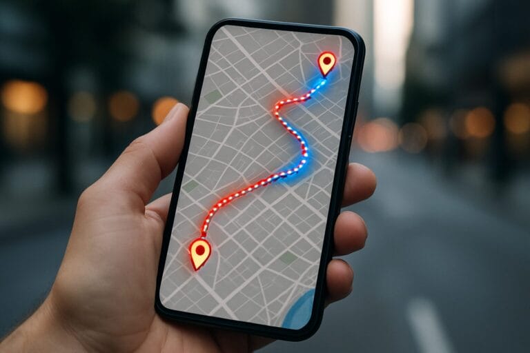 Smartphone displaying GPS tracking map with location pins and movement route