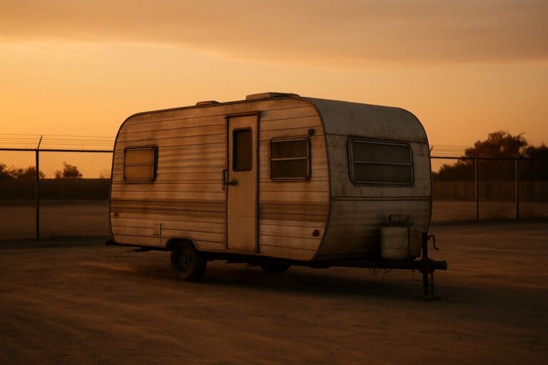 Travel trailer in storage lot at dusk with security fence and long shadows