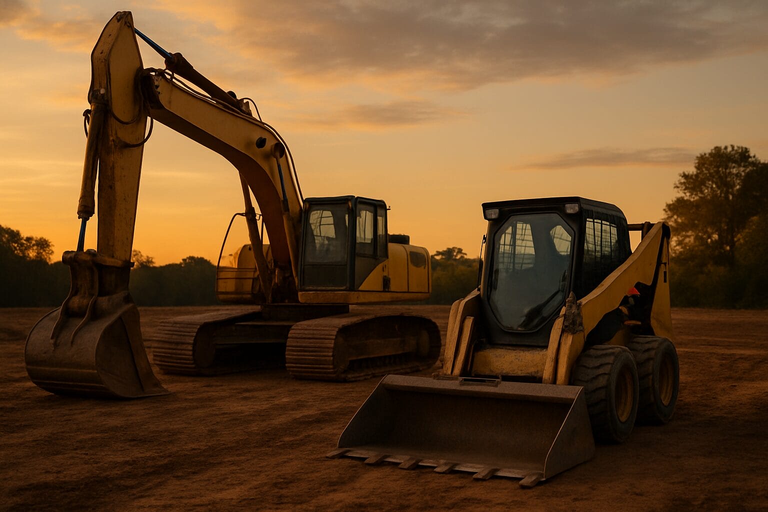 Excavator and skid steer parked on remote construction site at golden hour