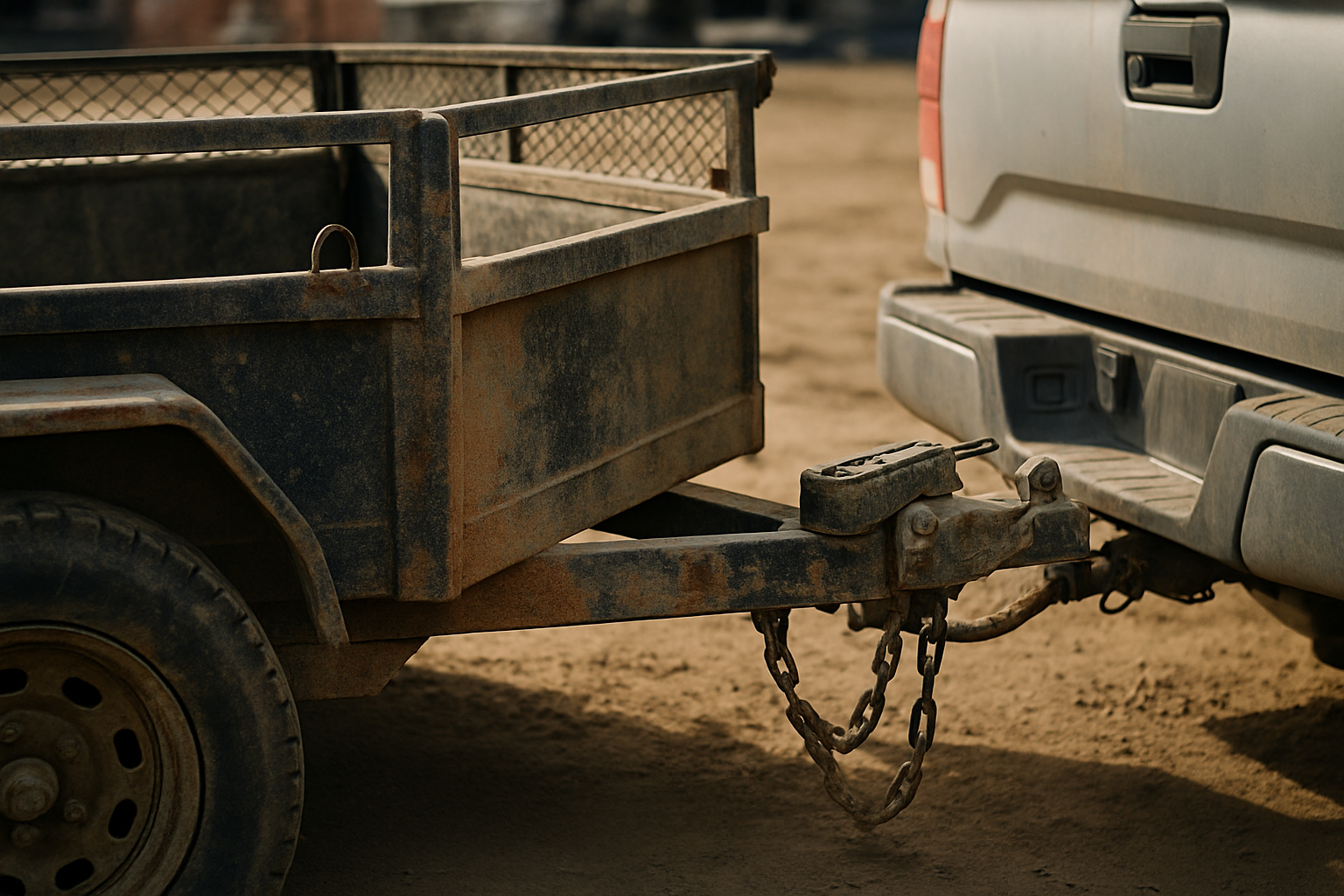 Weathered utility trailer showing rust and dust from extended field use and storage.