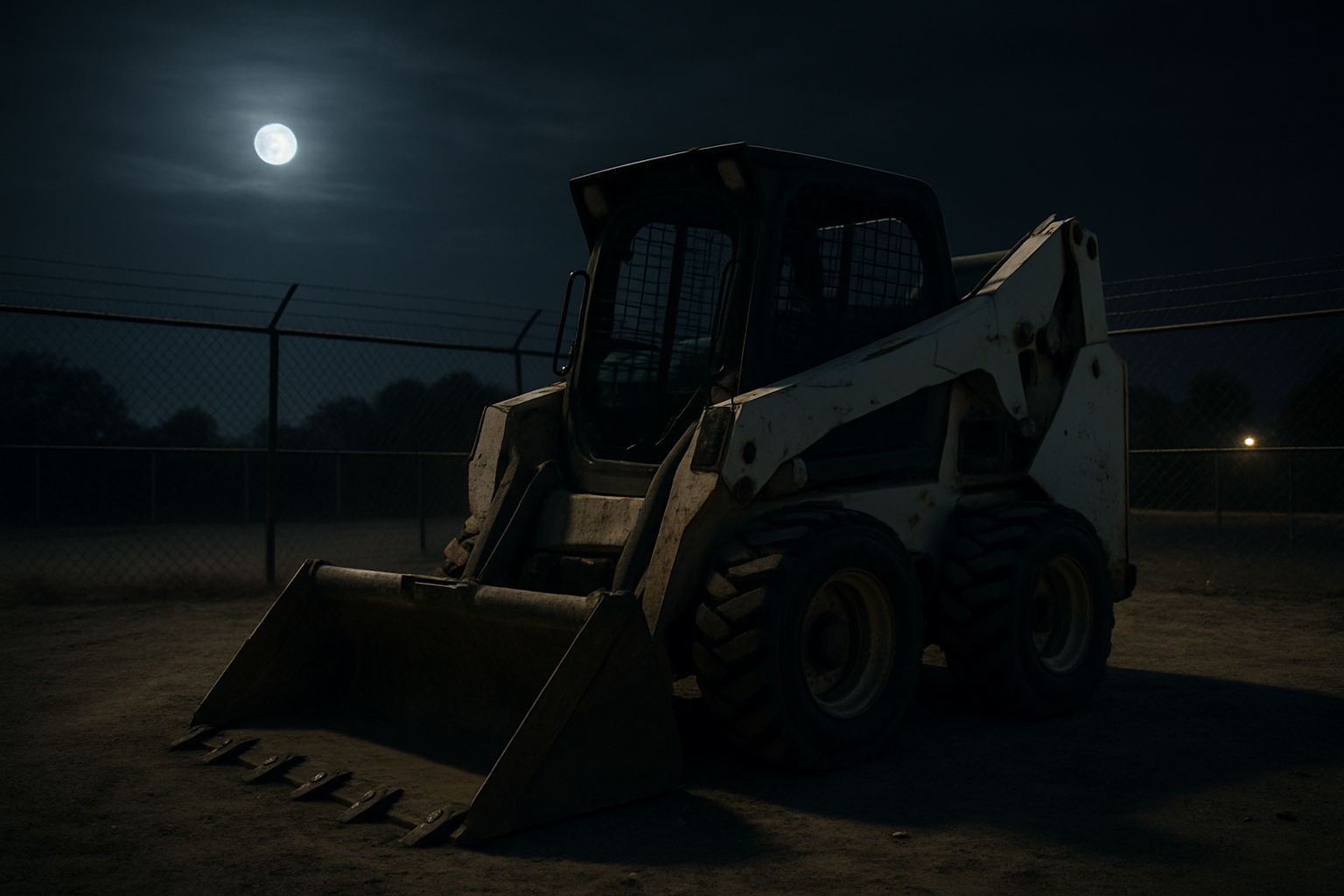 Skid steer loader parked alone in a remote storage yard at night, vulnerable to theft.