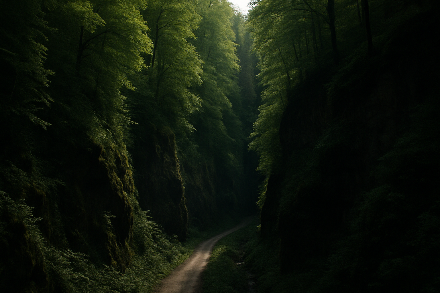 Dense forest canyon with steep rocky walls and thick tree canopy blocking sky.
