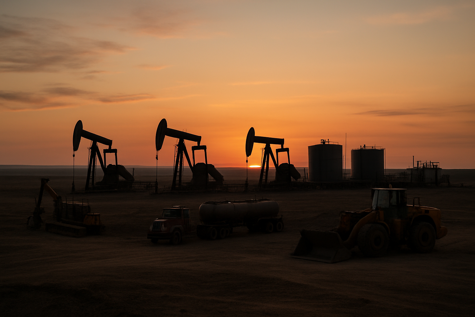 Remote oil and gas field site at dusk with derricks and storage tanks on empty plateau.