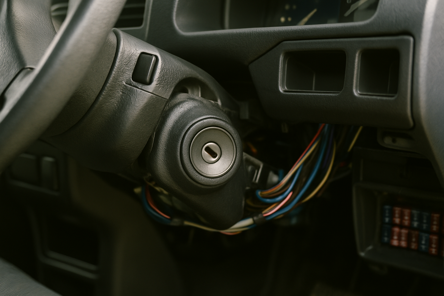 Vehicle interior showing ignition and wiring areas where hardwired trackers connect