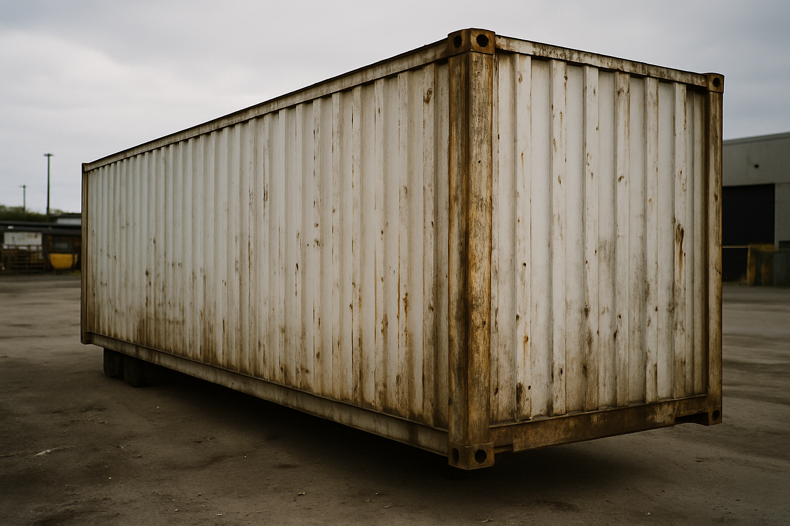 Outdoor shipping container in industrial yard showing unpowered asset requiring battery tracker