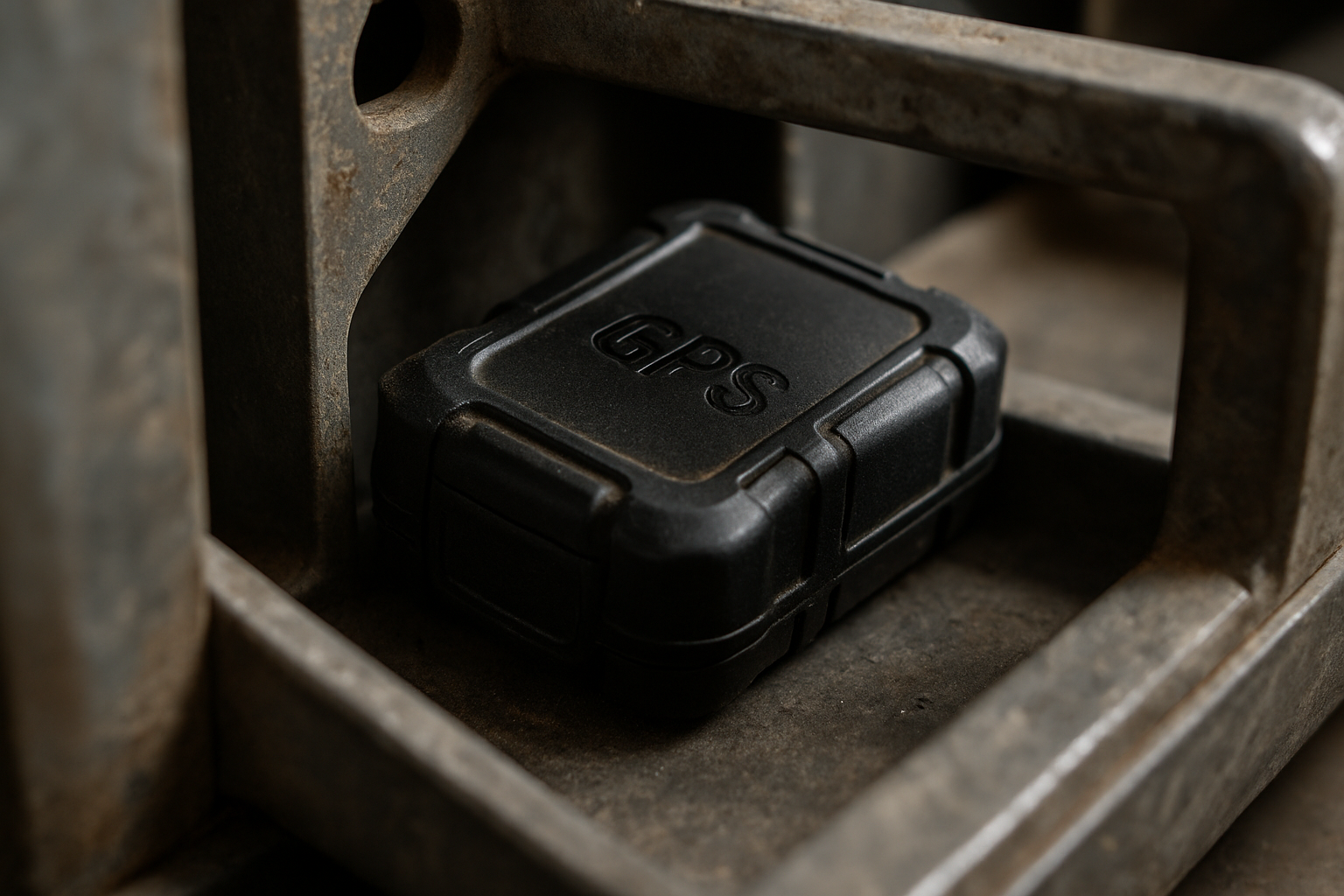 GPS tracker concealed inside equipment frame cavity with weathered metal surfaces