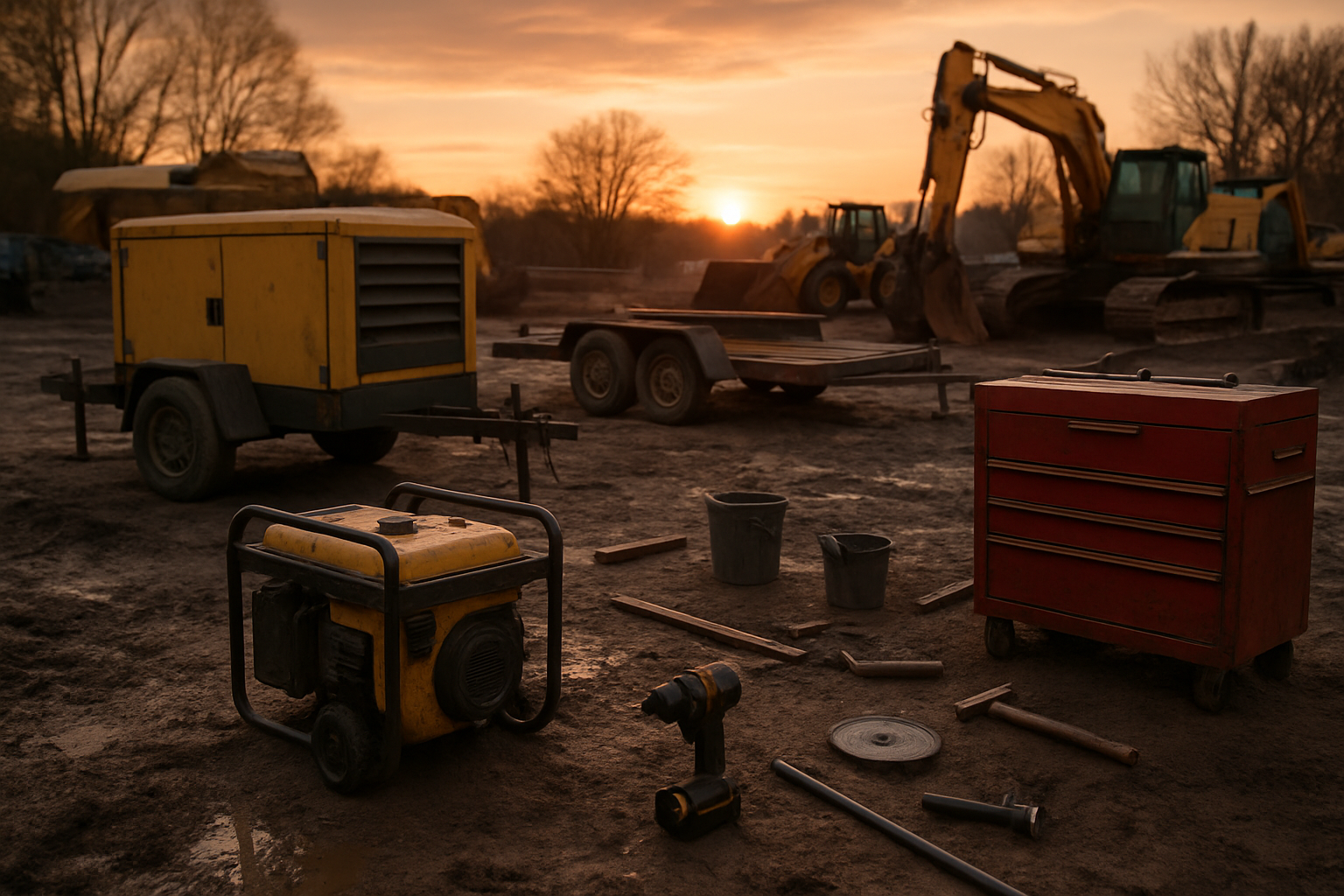 Outdoor construction yard with multiple portable equipment pieces parked at dusk