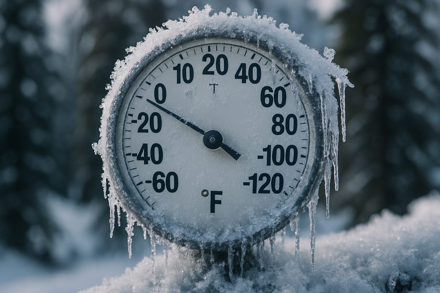 Thermometer in deep snow showing sub-zero cold with ice crystals.