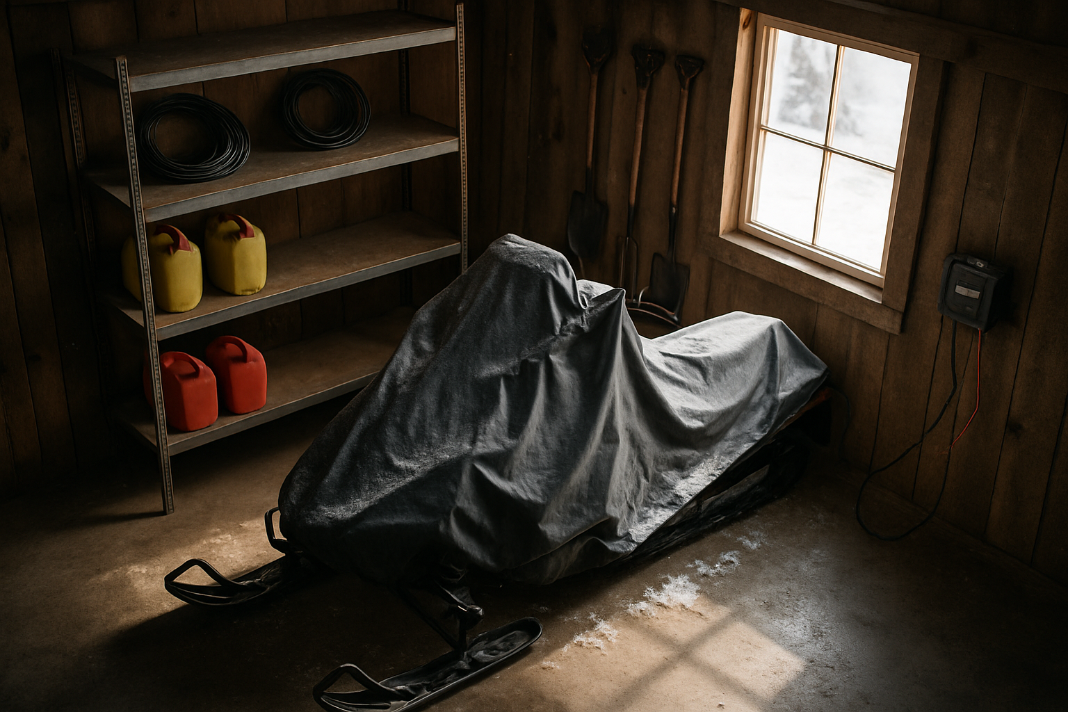 Snowmobile stored under protective cover in winter shed with equipment.