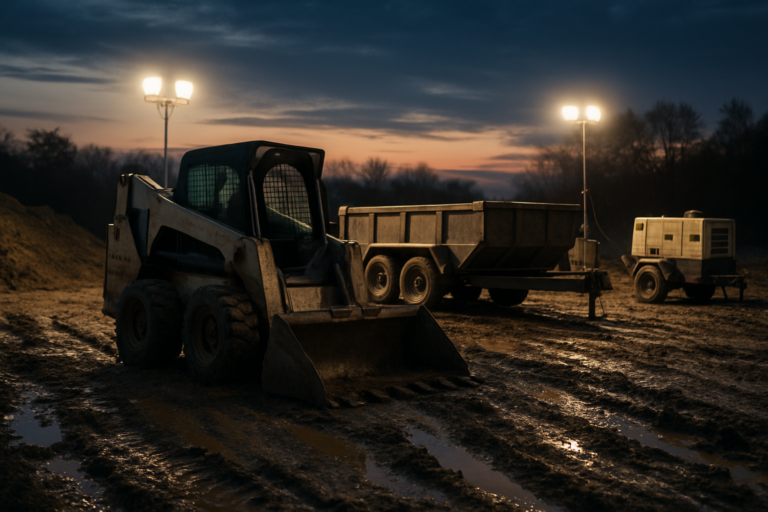 Construction equipment spread across a muddy job site at dusk with work lights illuminating scattered machinery and trailers.