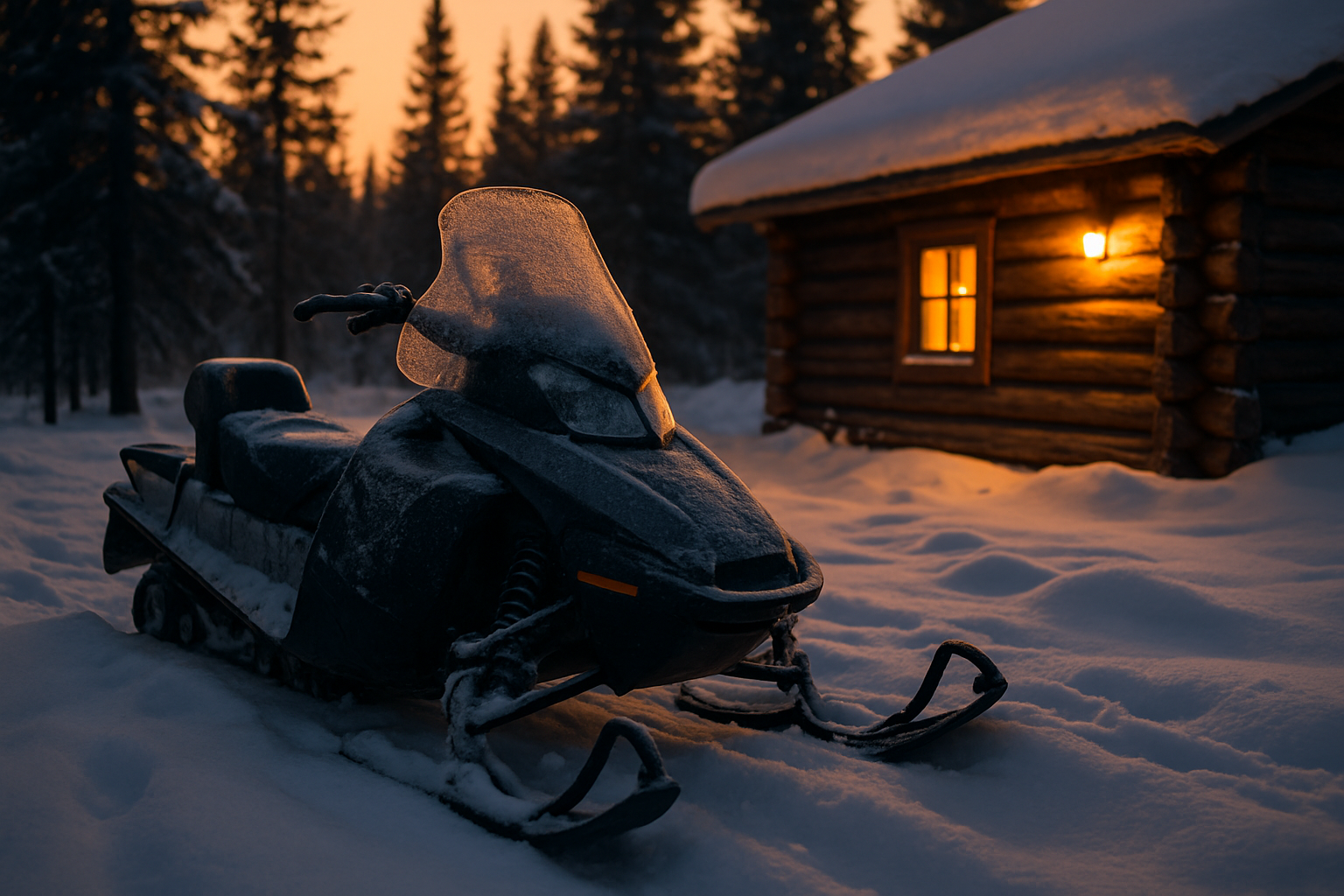 Snowmobile parked in snow beside a cabin at dusk with frosted windshield.