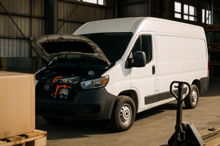 Warehouse scene with open van hood, shipping container, and equipment showing powered vs unpowered assets
