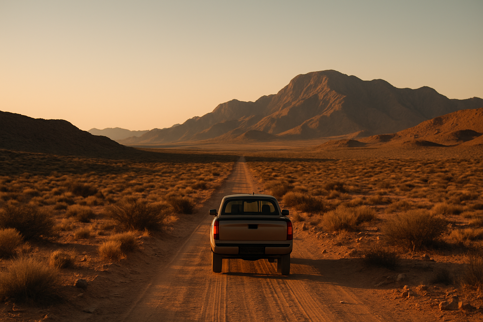 Remote desert landscape with pickup truck on dirt road under clear sky, antenna visible on roof.