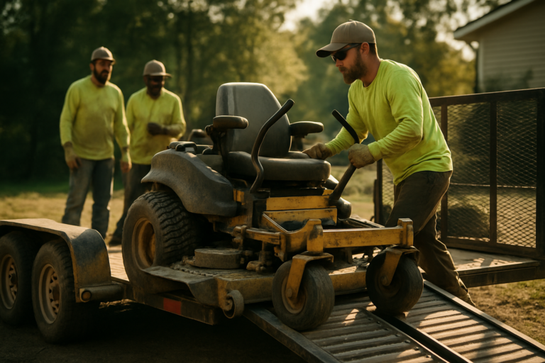 Landscaping crew loading zero-turn mower onto trailer at jobsite in daylight