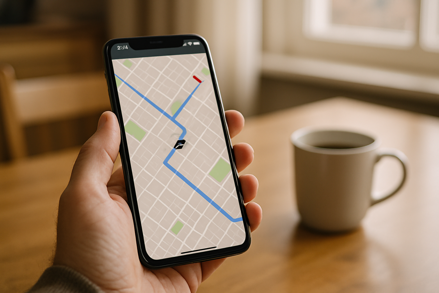 Parent checking GPS location on smartphone showing teen's car route on map.