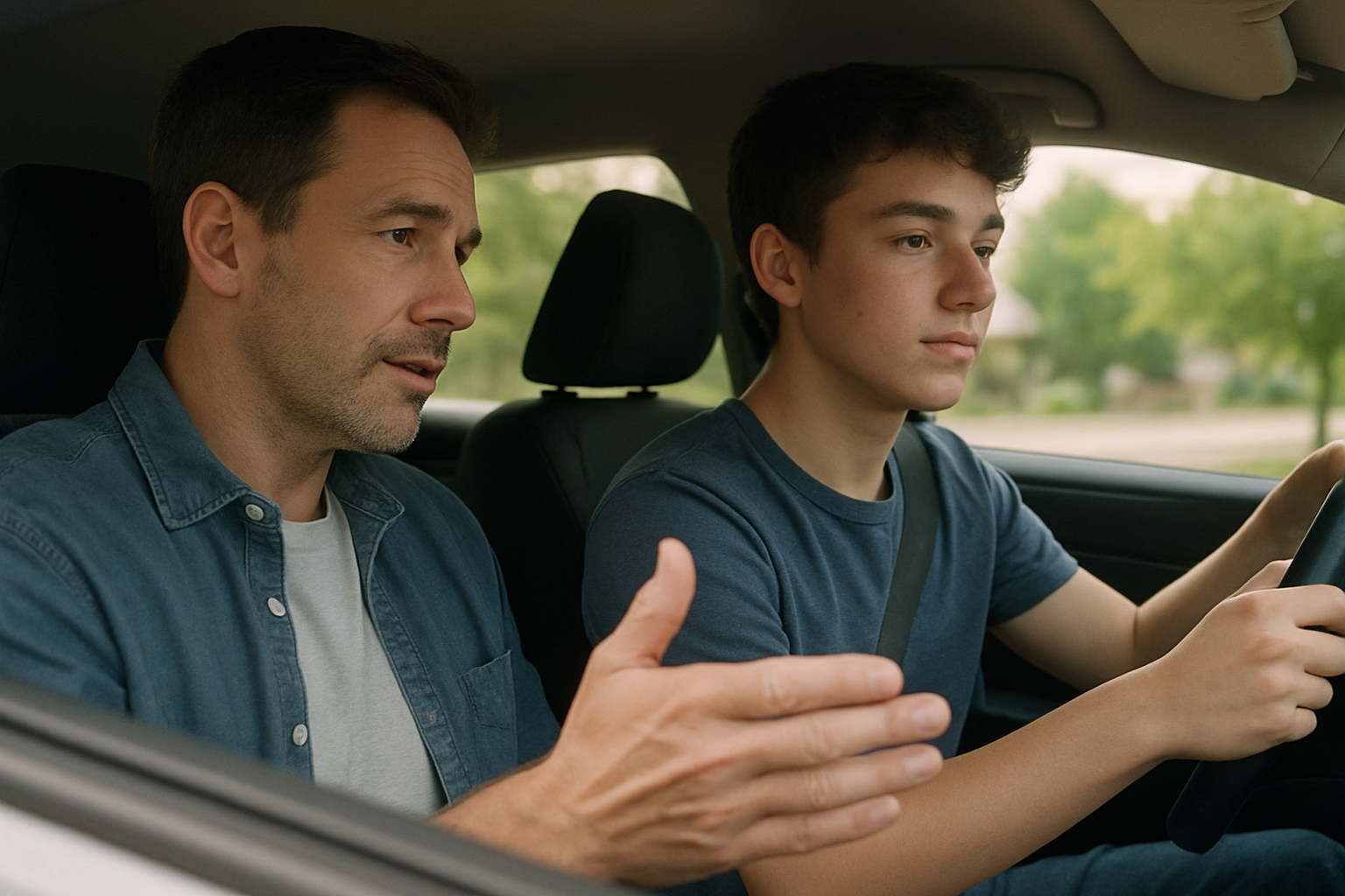 Parent and teen having a coaching conversation in the car about safe driving habits.