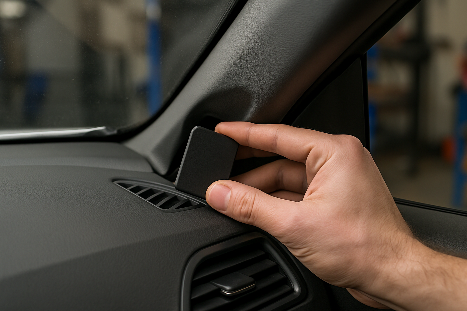 Hand installing small device behind interior car panel with trim partially removed