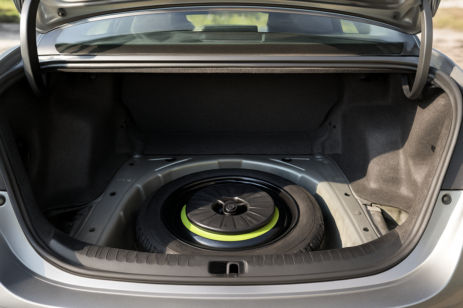Car trunk interior showing spare tire well and parcel shelf with natural light