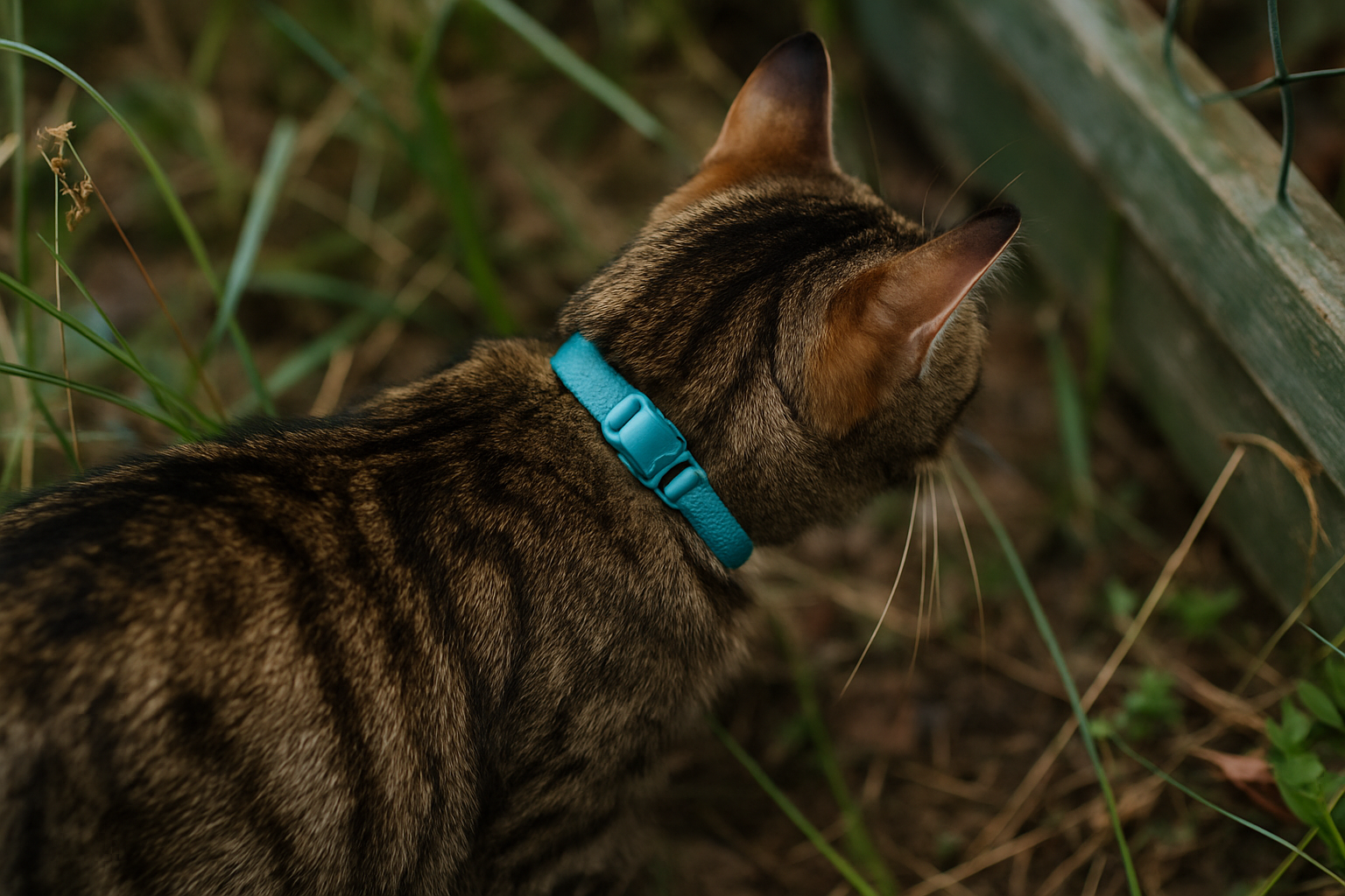 Outdoor cat wearing breakaway collar moving through grass near fence