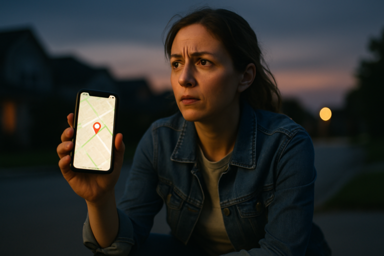 Cat owner checking GPS tracker map on phone during dusk search outdoors