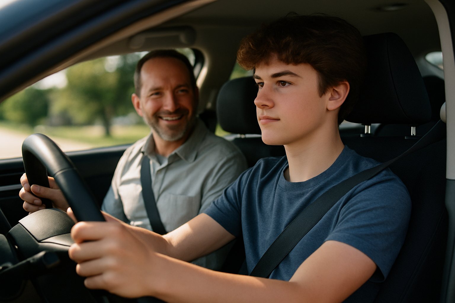 Parent and teen driver sharing a calm moment in a car, representing safe driving and trust-building.