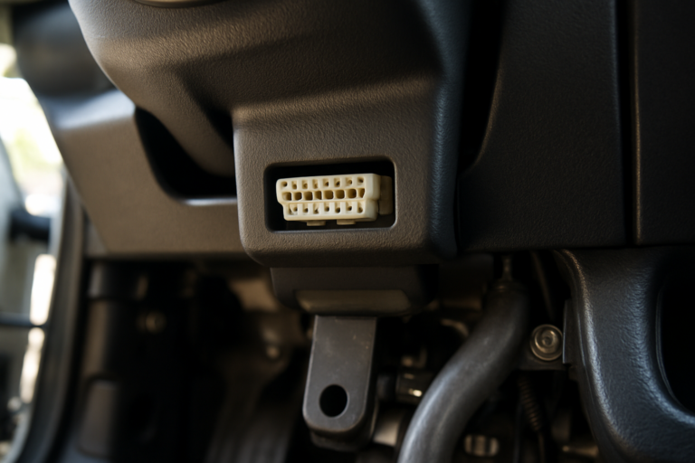 Close-up of OBD-II diagnostic port under car dashboard with surrounding trim visible