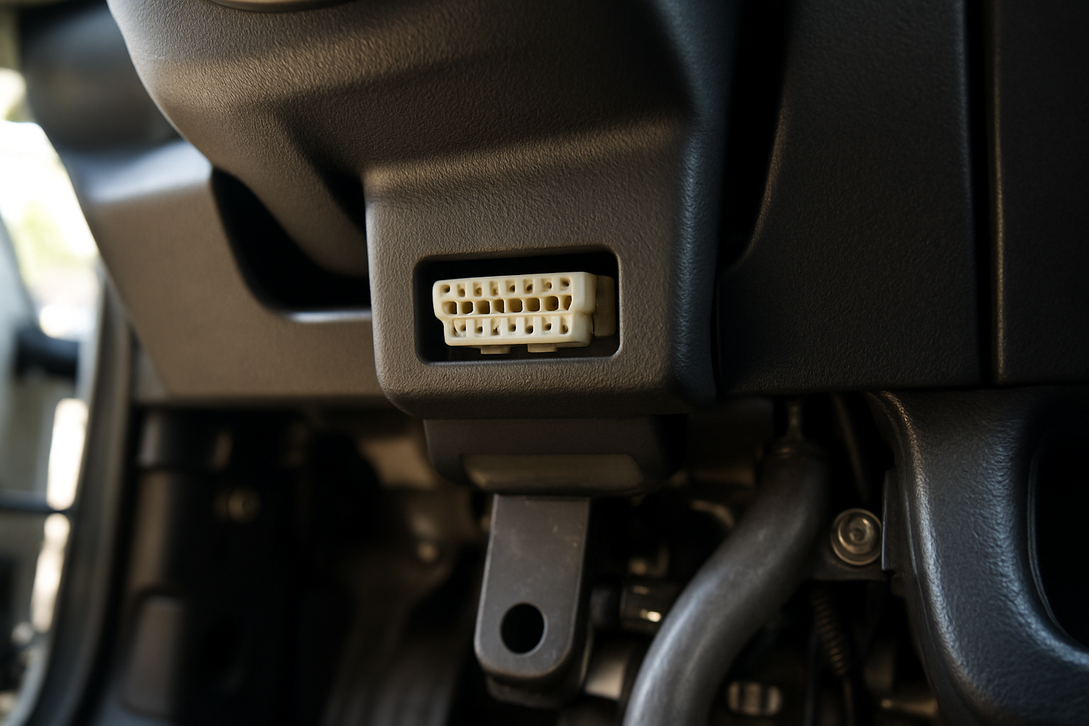 Close-up of OBD-II diagnostic port under car dashboard with surrounding trim visible