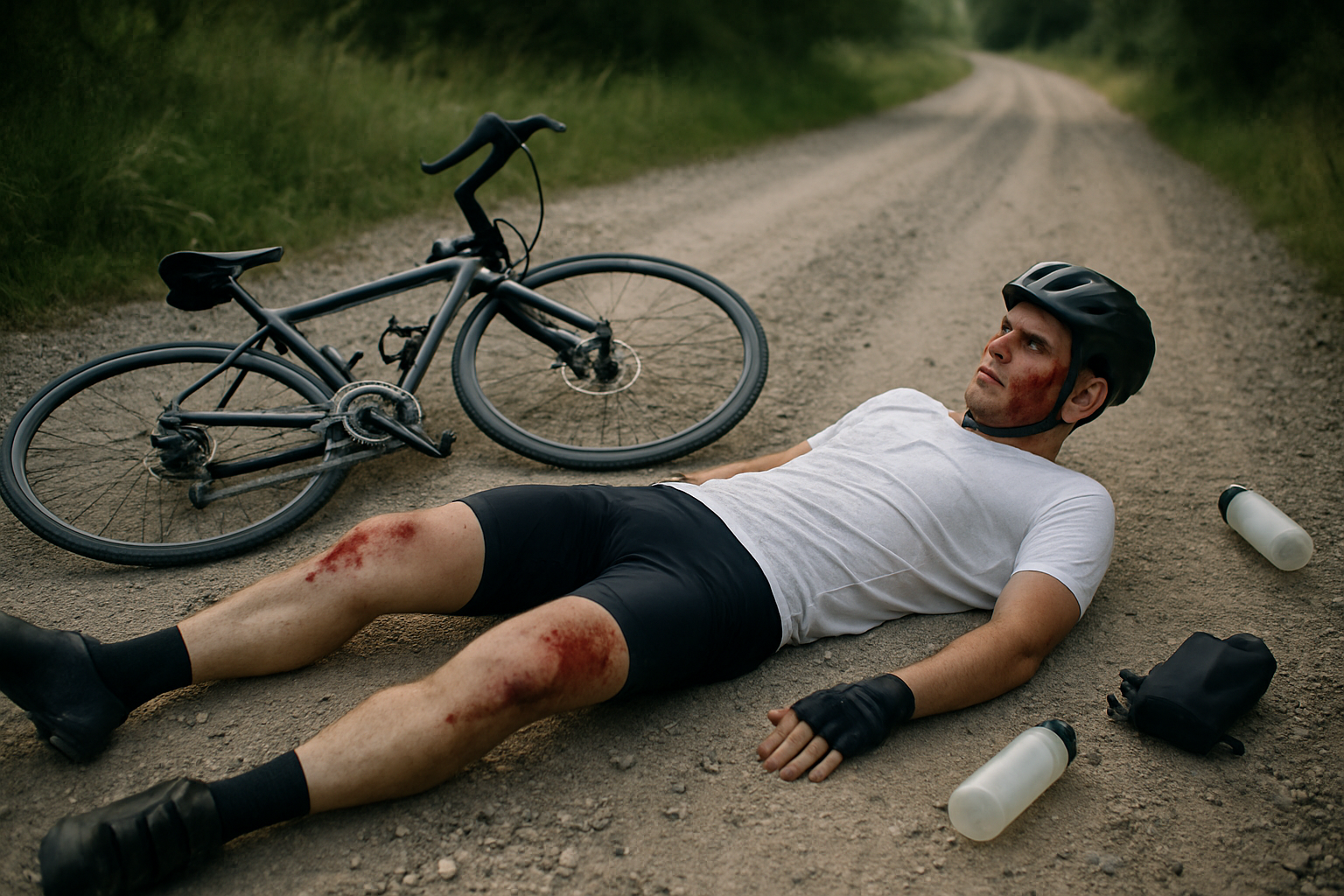 Cyclist and bike on ground after fall on remote road, emergency scenario.
