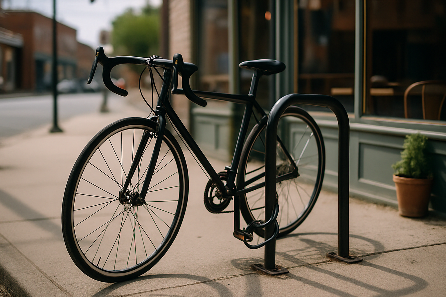 Unattended locked bike at outdoor cafe, theft-risk scenario in urban setting.