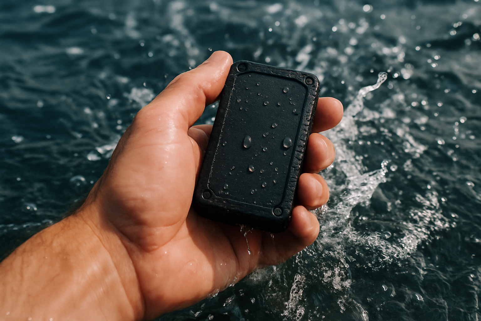 Waterproof device demonstrated over splashing water, showing marine durability