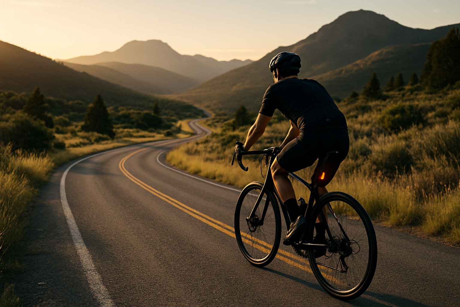 Solitary cyclist on empty mountain road during golden hour, surrounded by wilderness.