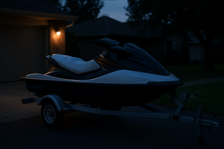 Jet ski parked on trailer in driveway at dusk, highlighting theft vulnerability